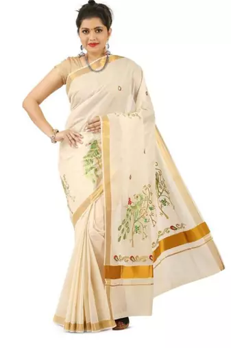 off white bird embroidered cotton kasavu saree with zari work