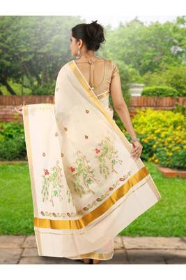 off white bird embroidered cotton kasavu saree with zari work 4