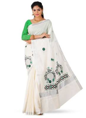 off white & green floral embroidered pure cotton kasavu saree 1