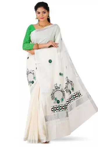 off white & green floral embroidered pure cotton kasavu saree