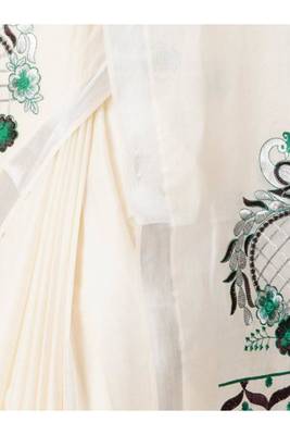 off white & green floral embroidered pure cotton kasavu saree 2