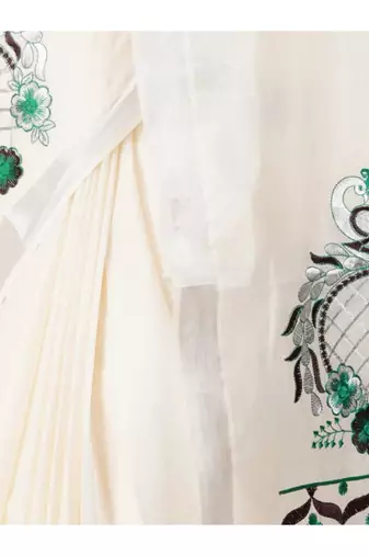 off white & green floral embroidered pure cotton kasavu saree