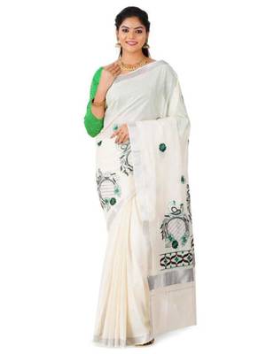 off white & green floral embroidered pure cotton kasavu saree 3