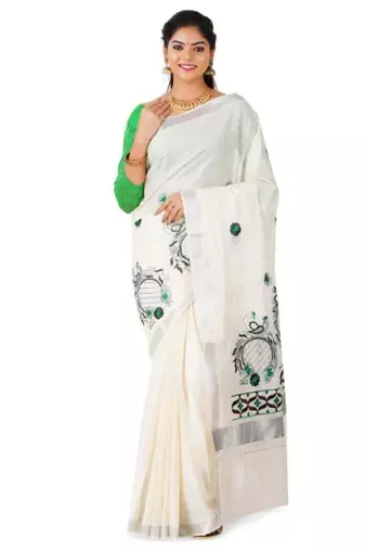 off white & green floral embroidered pure cotton kasavu saree