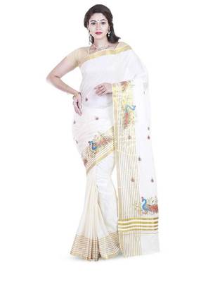 cream woven pure cotton ready to wear kasavu saree 1