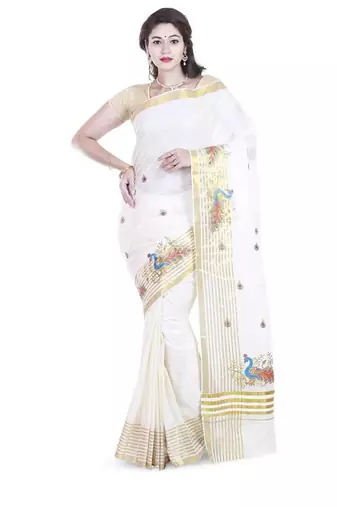 cream woven pure cotton ready to wear kasavu saree