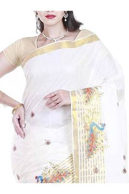 cream woven pure cotton ready to wear kasavu saree 3
