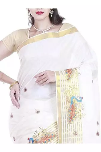 cream woven pure cotton ready to wear kasavu saree