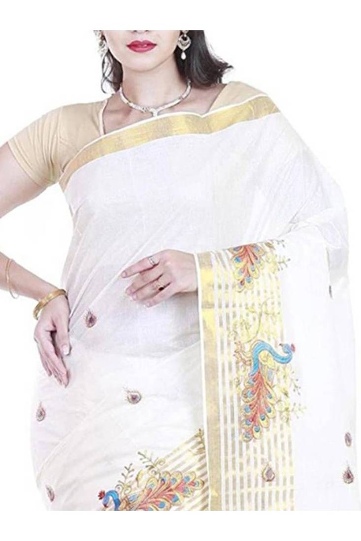 Woven design pure cotton ready to wear kasavu saree with zari