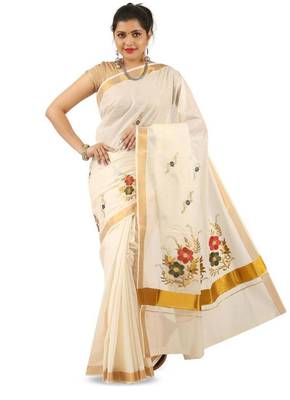 off white floral embroidered pure cotton kasavu saree 1