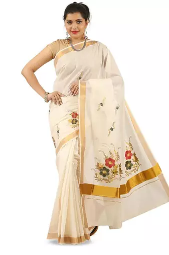 Woven design zari pure cotton ready to wear kasavu saree