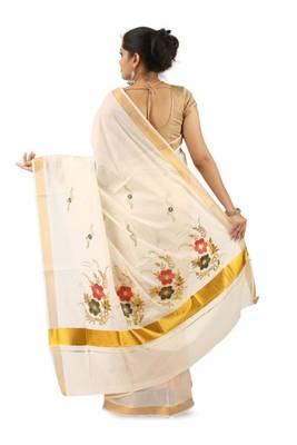 off white floral embroidered pure cotton kasavu saree 3