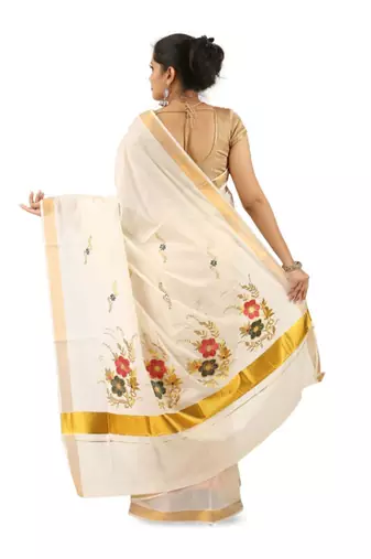 Woven design zari pure cotton ready to wear kasavu saree