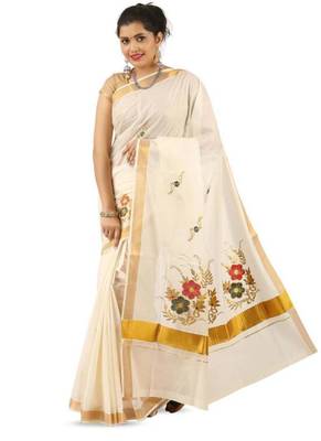 off white floral embroidered pure cotton kasavu saree 4