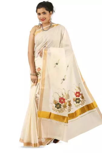 Woven design zari pure cotton ready to wear kasavu saree