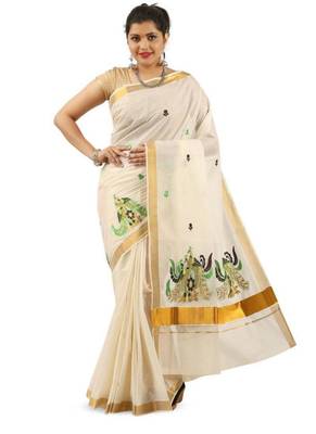 off white & green peacock embroidered pure cotton kasavu saree 1