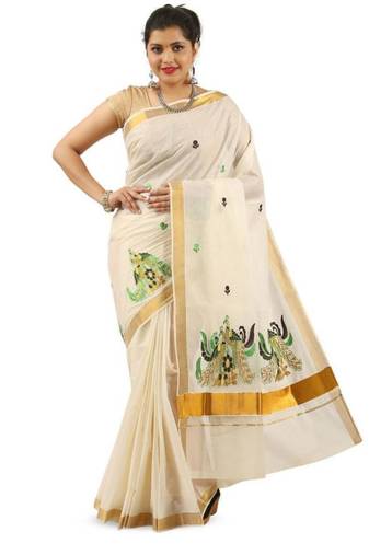 Woven design zari pure cotton kasavu saree