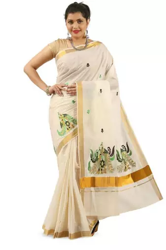 Woven design zari pure cotton kasavu saree