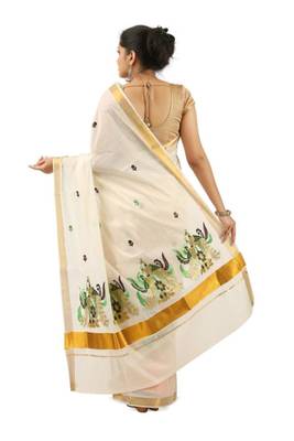 off white & green peacock embroidered pure cotton kasavu saree 3