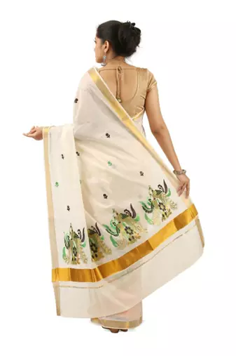 Woven design zari pure cotton kasavu saree