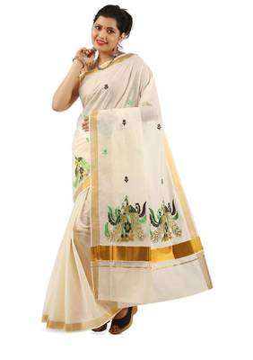 off white & green peacock embroidered pure cotton kasavu saree 4