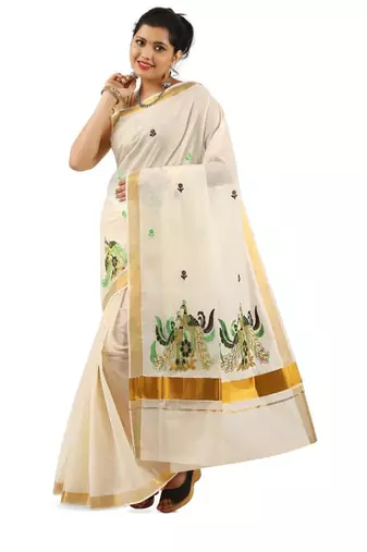 Woven design zari pure cotton kasavu saree