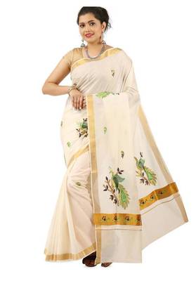 off white peacock motif pure cotton kasavu saree 1