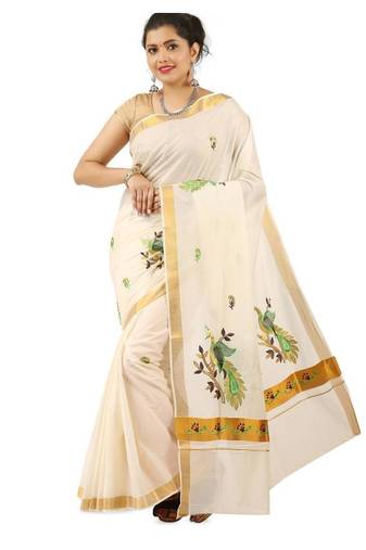 Woven design zari pure cotton kasavu saree