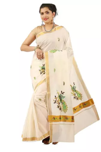 Woven design zari pure cotton kasavu saree