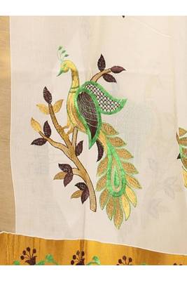 off white peacock motif pure cotton kasavu saree 2