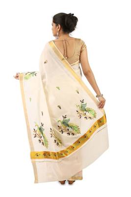 off white peacock motif pure cotton kasavu saree 3