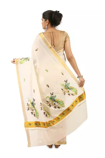 Woven design zari pure cotton kasavu saree