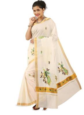 off white peacock motif pure cotton kasavu saree 4