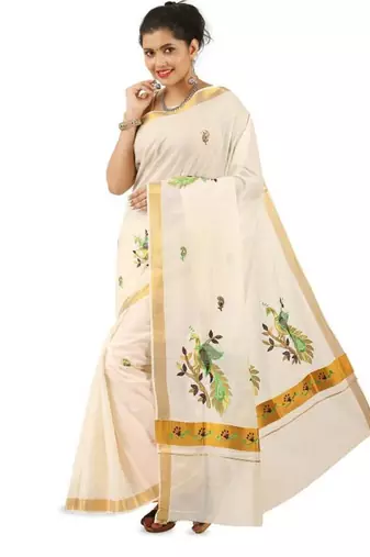 Woven design zari pure cotton kasavu saree