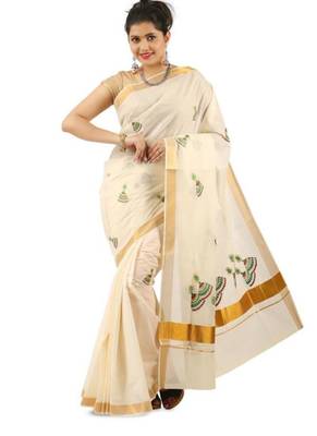 off white jhumka embroidered pure cotton kasavu saree 1