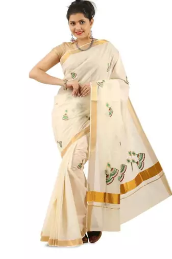 off white jhumka embroidered pure cotton kasavu saree