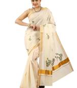 Woven design zari pure cotton ready to wear kasavu saree