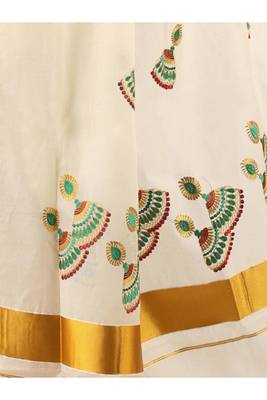 off white jhumka embroidered pure cotton kasavu saree 2