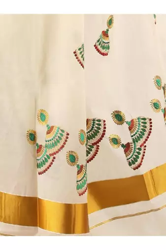 off white jhumka embroidered pure cotton kasavu saree