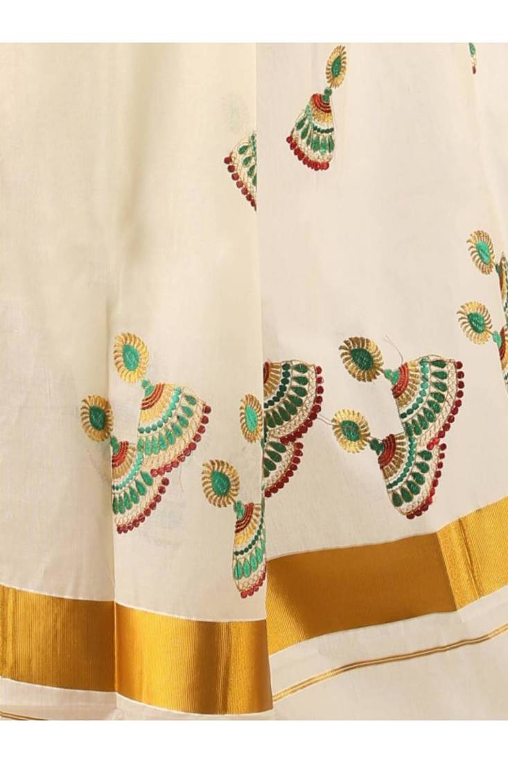 Woven design zari pure cotton ready to wear kasavu saree