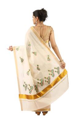 off white jhumka embroidered pure cotton kasavu saree 3