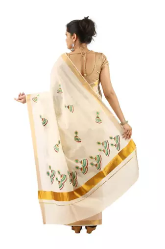 off white jhumka embroidered pure cotton kasavu saree