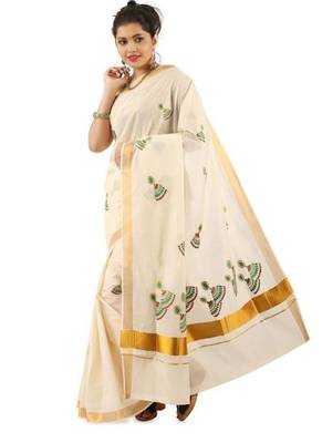 off white jhumka embroidered pure cotton kasavu saree 4