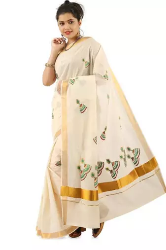 off white jhumka embroidered pure cotton kasavu saree