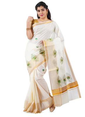 off white peacock feather embroidered pure cotton kasavu saree 1