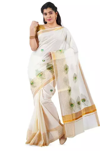 off white peacock feather embroidered pure cotton kasavu saree