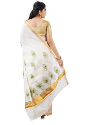 off white peacock feather embroidered pure cotton kasavu saree 3
