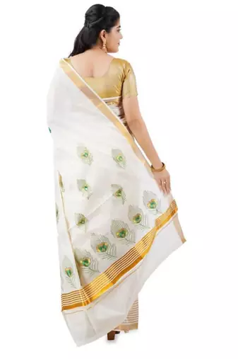 off white peacock feather embroidered pure cotton kasavu saree