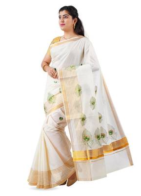 off white peacock feather embroidered pure cotton kasavu saree 4