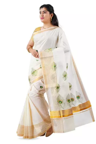 off white peacock feather embroidered pure cotton kasavu saree